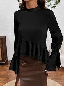 SHEIN LUNE 女式荷叶边饰带袖口喇叭袖衬衫 - 黑色 - 查看 3