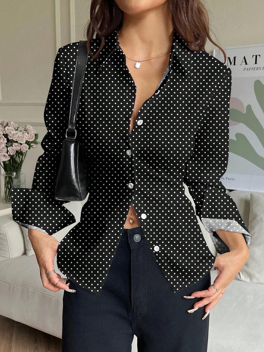 SHEIN EZwear Women's Casual Front Button Back Tie Waist Fitted Long Sleeve Shirt, Suitable For Fall And Winter, Polka Dot Print, Classic Retro Chic Blouses For Women