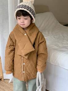 SHEIN 1 Áo khoác chần bông dày thời trang cho bé trai, Áo khoác đệm dáng rộng cho bé trai kèm khăn quàng, Áo khoác ngoài bằng cotton có đệm cho bé trai, Áo khoác mùa đông cho bé trai - màu nâu - Xem 6