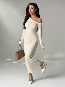 SHEIN PETITE 女士纯色不对称领口长袖连衣裙，优雅 - 杏色 - 查看 11