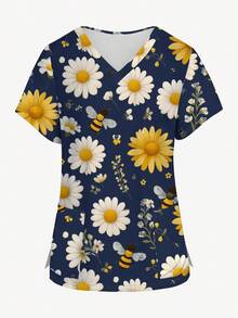 PopScrub Plus Size Scrub Uniform Top, Summer Cute Wild Flower & Bee Print Blouse, Fresh Pocket Shirt, V-Neck Short Sleeve Shirt For Women Wear, Halloween