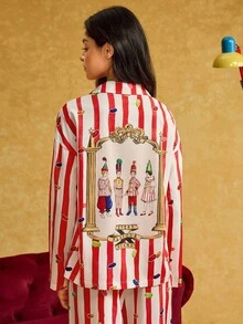 HARRY POTTER X SHEIN Conjunto de pijama feminino com estampa de desenho animado em listras vermelhas e brancas, blusa de manga comprida e calça folgada, ideal para primavera/outono e inverno.