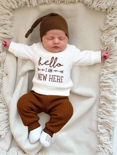SHEIN HELLO Letter Embroidered Newborn Photography Outfit, Baby Boy/Girl Top, Pants, Hat 3pcs Set, Infant 1 Month To 100 Days Studio Photo Prop Clothing Fall Winter