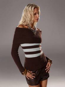TRNVIE 1 Áo len dệt kim ôm eo thiết kế kẻ sọc hở vai thường ngày dành cho nữ, màu nâu, mùa thu/đông - màu nâu - Xem 5