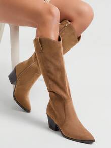 Solezae Giày bốt cao bồi miền Tây mũi nhọn đế vuông cho nữ – Phong cách, bền và thoải mái - Màu Khaki - Xem 6