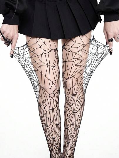 Grunge Punk 1 Pair Sexy Minimalist Black Solid Color Suspender Stockings, Spiderweb Pattern Sheer Elastic Tights, Ultra-Thin Opaque Pantyhose