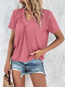 EMERY ROSE Women's Solid Color V-Neck Ruched Raglan Short Sleeve Casual T-Shirt, Summer - Dusty Pink - View 4