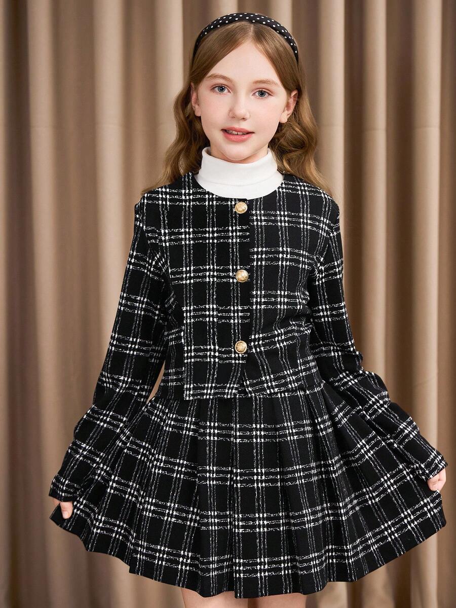 3 件套青少年女孩套装：简约优雅格子开衫、裙子和纯色长袖上衣 - 黑色 - 查看 1