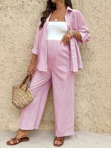 SHEIN 秋装，秋季服装，孕妇装秋冬装条纹袖口衬衫和可调节腰部阔腿裤宽松孕妇两件套孕妇装两件套装棉质两件套夏季裤子套装两件亚麻套装女士阔腿裤套装 - 紅白色 - 查看 5