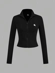 SHEIN EZwear 2 件白色和黑色马标志图案针织拉链长袖 T 恤，适合秋冬季分层、休闲和运动，适合返校 - 彩色 - 查看 5