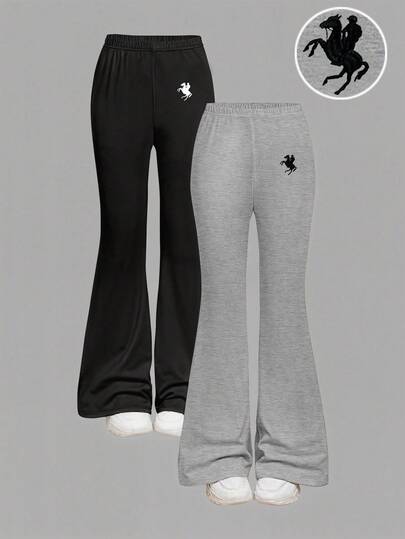 SHEIN 2 件套青少年女孩休闲卡通印花蝴蝶结装饰修身喇叭裤套装，黑色和灰色，秋冬