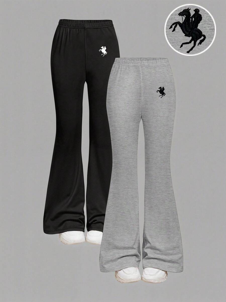 SHEIN 2 件套青少年女孩休闲卡通印花蝴蝶结装饰修身喇叭裤套装，黑色和灰色，秋冬