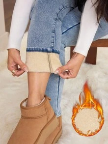 SHEIN PETITE 女式秋冬口袋保暖内衬紧身休闲牛仔裤 - 淺色水洗藍 - 查看 3