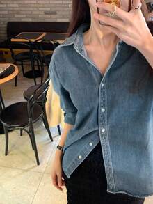 DAZY 时尚长袖宽松翻领牛仔衬衫