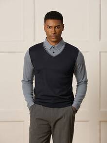 Manfinity Mode 男士条纹长袖休闲毛衣衬衫领商务休闲马甲男，秋冬 - 藏蓝色 - 查看 3