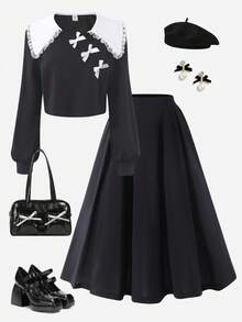 2pcs/Set Teenage Girls' Contrast Color Lace Collar Bow Cropped Top And Solid Color Mini Skirt Suit, Sweet & Retro Style - Black - View 1