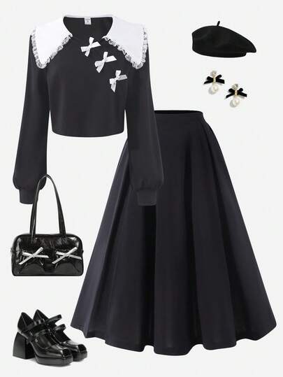 2 件套青少年女孩撞色蕾丝领蝴蝶结短款上衣和纯色迷你裙套装，甜美复古风格