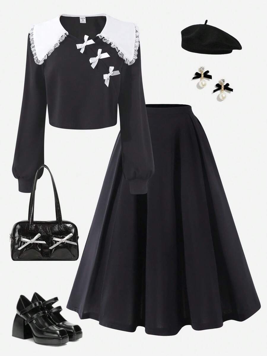 2pcs/Set Teenage Girls' Contrast Color Lace Collar Bow Cropped Top And Solid Color Mini Skirt Suit, Sweet & Retro Style - Black - View 1