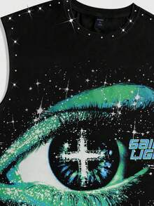 ROMWE MEN Street Life 朋克风格街头图案印花无袖圆领背心，饰有水钻和做旧细节，男士夏季 - 黑色 - 查看 3