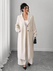 Elenzga 大码女式优雅翻领长款西装外套 + 裤子套装，杏色 - 杏色 - 查看 4