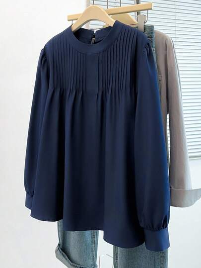 EMERY ROSE 新款大码女装优雅通勤褶皱设计纯色衬衫，商务正装，适合日常外出、出差，简约显瘦青春大方得体