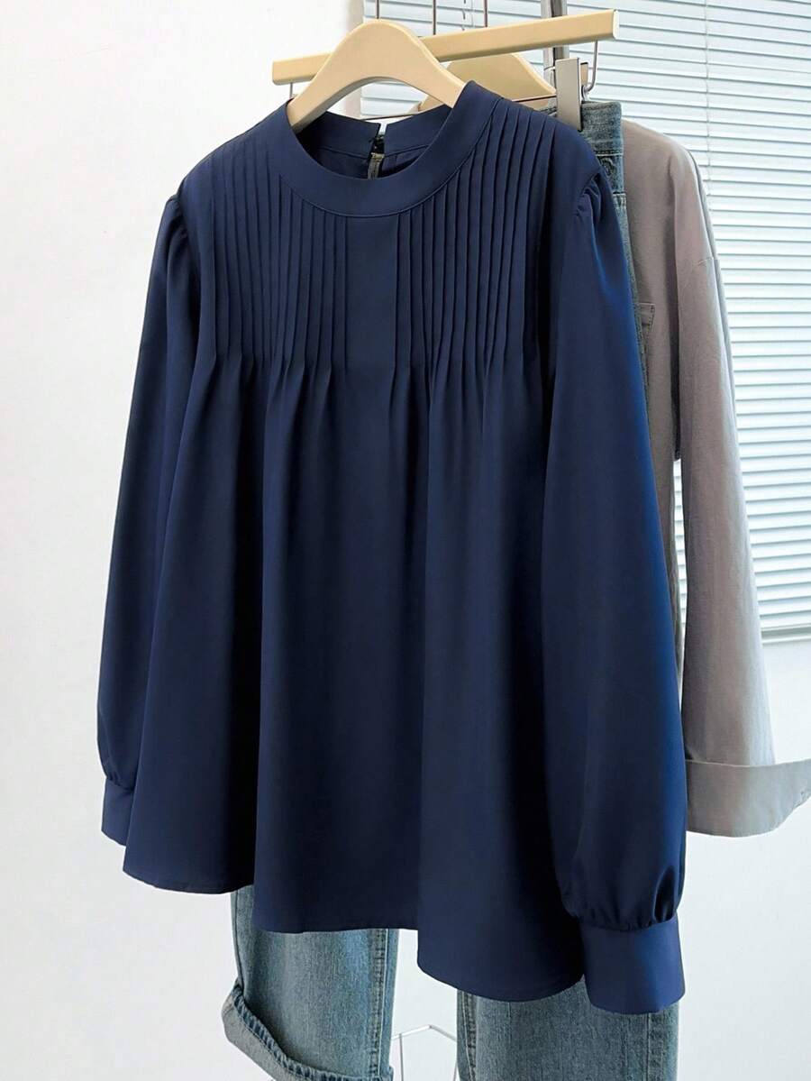 EMERY ROSE 新款大码女装优雅通勤褶皱设计纯色衬衫，商务正装，适合日常外出、出差，简约显瘦青春大方得体