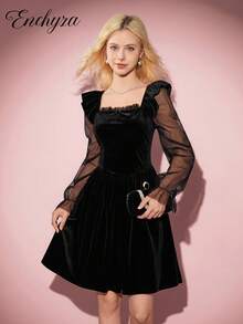 优雅天鹅绒束腰连衣裙，黑色，荷叶边网袖，秋冬 - 黑色 - 查看 5