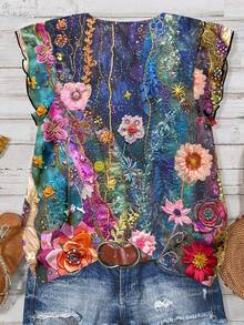 SHEIN LUNE 女士休闲复古V领盖袖衬衫，简约风格适合夏季 - 彩色 - 查看 2