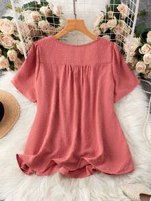 EMERY ROSE 大码女式休闲度假风格纯色瑞士圆点蕾丝拼接短袖上衣 - 粉色 - 查看 2