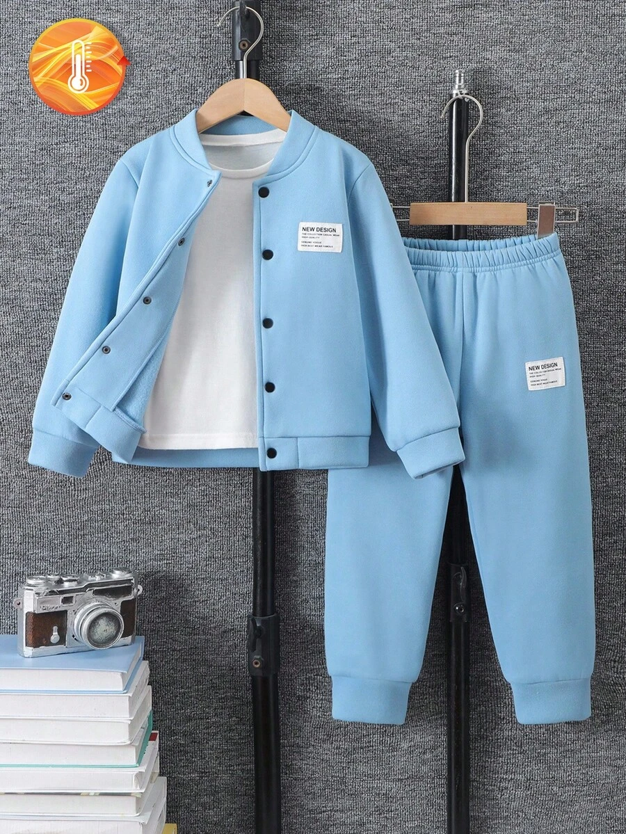 Young Boy Casual Letter Patch Button-Up Jacket And Pants Set, Autumn Fall Winter - Blue - View 1