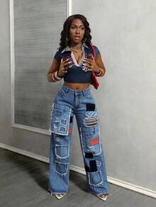 BamGleam 女士时尚街头拼布磨边口袋做旧宽松阔腿牛仔裤 - 中等水洗藍 - 查看 5