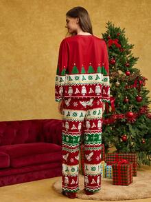 HARRY POTTER X SHEIN 女士圣诞卡通猫头鹰印花圆领长袖上衣和裤子睡衣套装，秋冬服装 - 紅色 - 查看 2