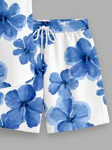 Manfinity Homme 中国风青花瓷芙蓉花满版修身男士短袖衬衫套装 - 藍色 - 查看 5