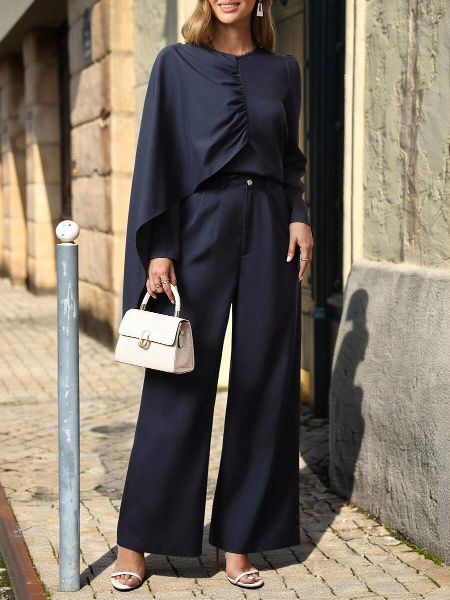 SHEIN Unity 2pcs Solid Color Asymmetric Draped Blouse & Wide Leg Pants Elegant Women Suit Fall Cloth For Women - Navy Blue - View 1