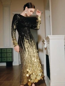 Anewsta 女士优雅圣诞节和万圣节服装，时尚经典优雅亮片渐变奢华金色亮片高端迷人晚礼服