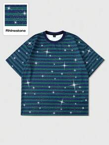 ROMWE MEN Street Life Men's Striped Rhinestone Embellished Short Sleeve T-Shirt - Multicolor - View 4