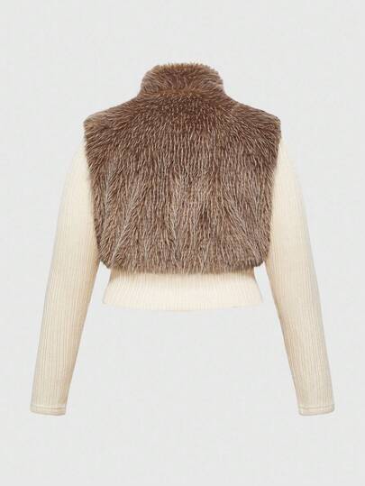 Kawaii Chaqueta retro 2 en 1 de talla grande, abrigo de cárdigan de parches de piel y cuero para otoño/invierno para mujer, abrigo de cárdigan de parches de piel marrón y cuero sintético de talla grande para mujer, otoño/invierno, abrigo de cárdigan marrón de talla grande para otoño/invierno, fiesta de Navidad y vacaciones de talla grande para mujer