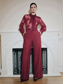 Anewsta 女式高腰直筒宽松长裤，配金属腰带 - 酒紅色 - 查看 6