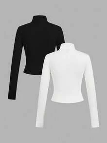 SHEIN EZwear 2 件白色和黑色马标志图案针织拉链长袖 T 恤，适合秋冬季分层、休闲和运动，适合返校 - 彩色 - 查看 2