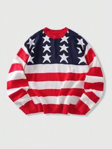 ROMWE MEN Street Life Áo len dệt kim Jacquard sọc ngôi sao năm cánh tay dài cho nam, Thu Đông - Đỏ - Xem 1