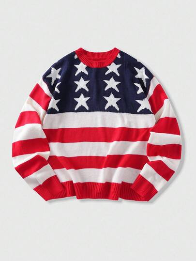 Street Life Men's Pentagram Star Stripe Jacquard Knit Long Sleeve Sweater , Fall Winter