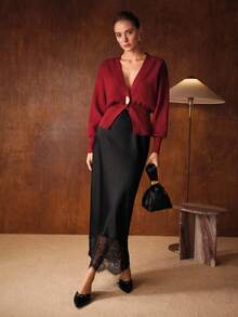 MOTF PREMIUM CÁRDIGAN DE MANGA FAROL CON CUELLO PRONUNCIADO, BOTONES METÁLICOS, DOBLADILLO ANCHO - Burdeos - Ver 5