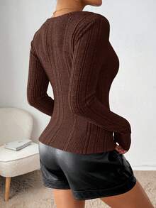 Siren Gaze T-shirt basique à col rond, manches longues, côtelé, avec demi-boutons pour femmes. Tenue décontractée et polyvalente, idéale pour la rentrée scolaire, les enseignants et l'automne. - Marron - Voir 7