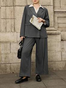 Calvaya Bộ vest 2 món thanh lịch, giản dị, tay dài và quần dài cỡ lớn - Xám - Xem 7