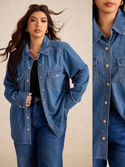 Elaquor 大码女装蓝色衬衫宽松长袖衬衫上衣金属纽扣装饰秋季职场装老款风格