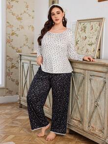 CottageSlumber Ensemble de pyjama pour femmes grande taille avec Top à manches longues à col rond et boutons partiels avec motif floral Ditsy et pantalon de couleur contrastée, vêtements d'automne - Multicolore - Voir 4