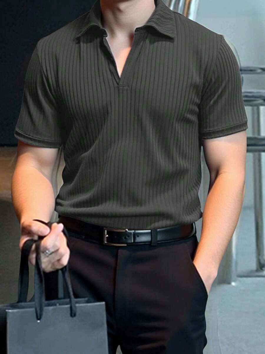 Manfinity Homme Men's Grey Rib Knit Short Sleeve Polo Shirt Business Commuting Regular Length Top - Grey - View 1