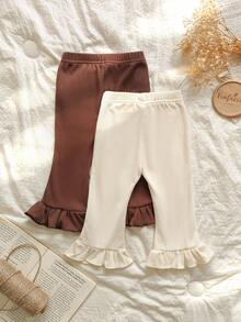 Vintaside Kids 2件套女婴休闲舒适纯色松紧腰荷叶边下摆喇叭裤套装 - 彩色 - 查看 2