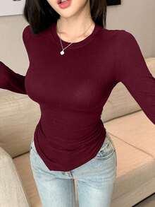 DAZY 不对称设计修身长袖女式T恤，秋季服装