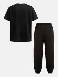 SHEIN 2件套青少年男孩休闲图案印花圆领短袖T恤和慢跑裤套装 - 黃色 - 查看 2